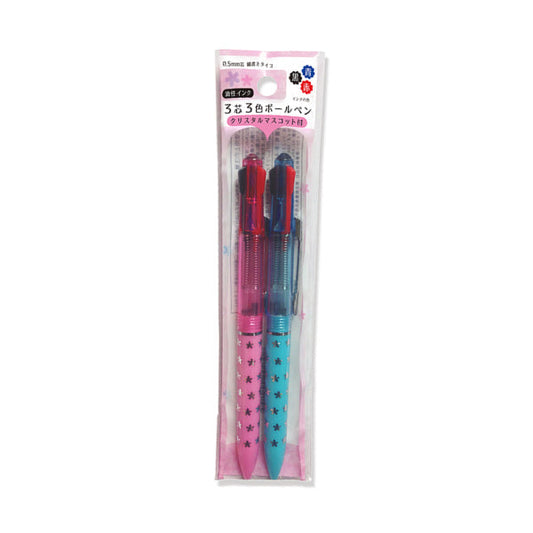 3-core, 3-color oil-based ballpoint pen with crystal mascot, 2 pieces